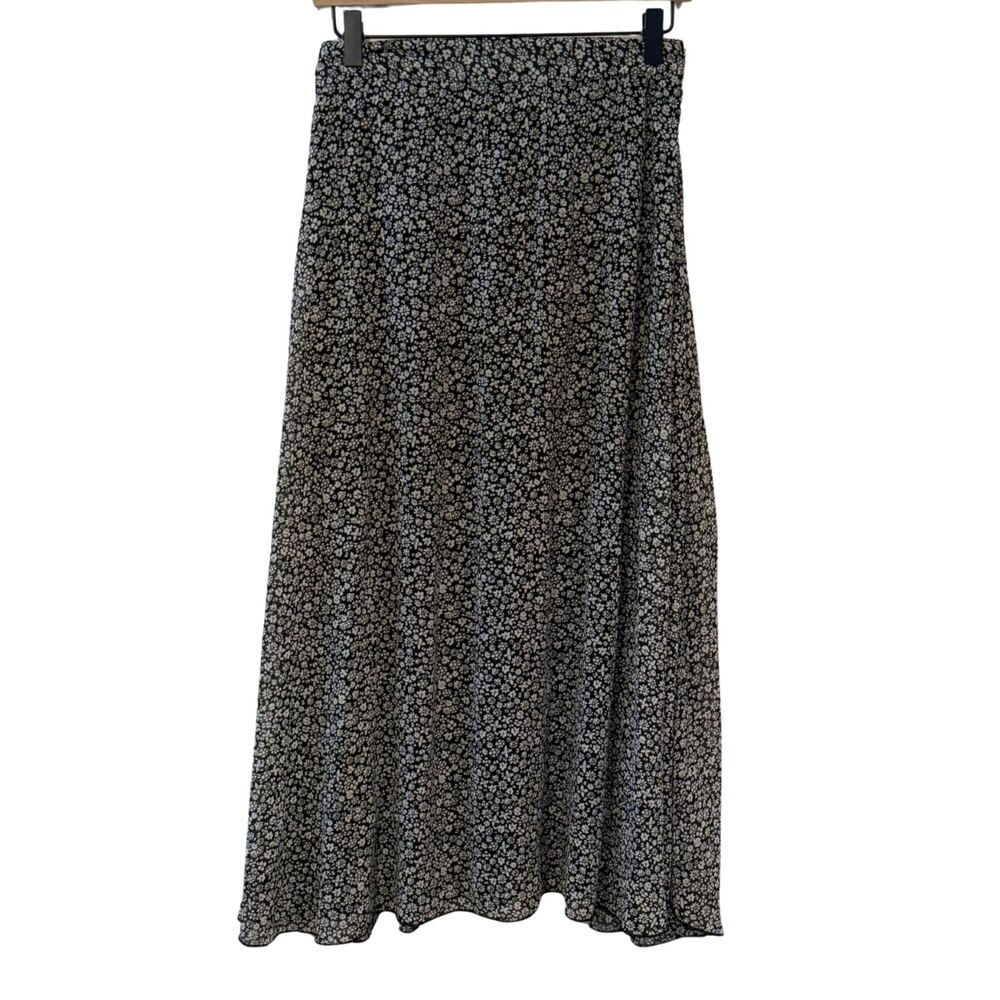 Black White Floral A-Line Midi Skirt Size M Japna Boho Elastic Waist Flowy